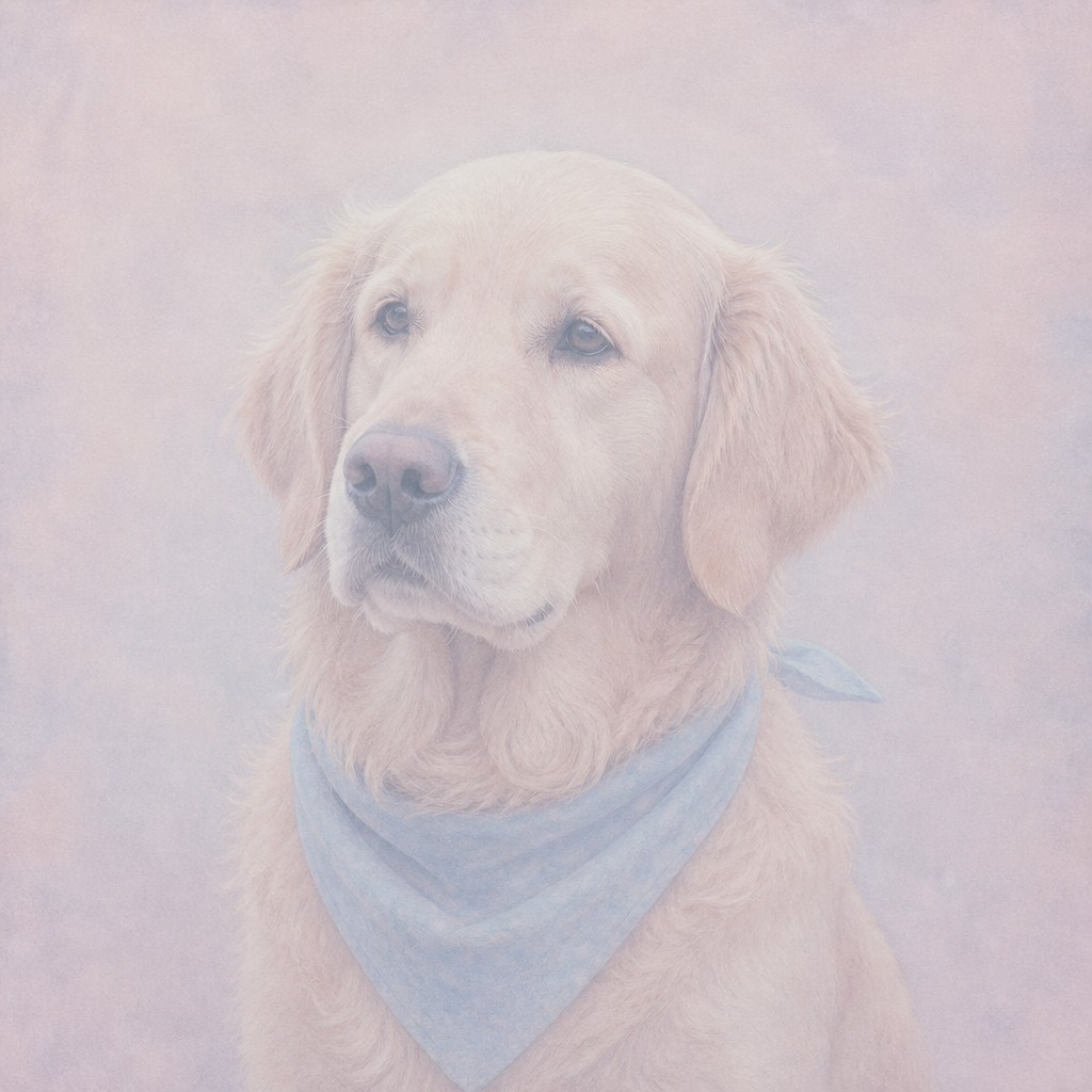 portrait of a golden retriever wearing a blue bandana, warm plain backdrop, no text