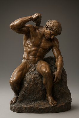 a bronze statue of a man sitting on a rock