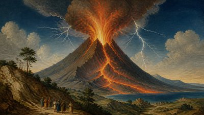 an erupting volcano with lightning strikes, dramatic wide composition, no text