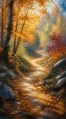 a winding forest path in golden autumn light, no people