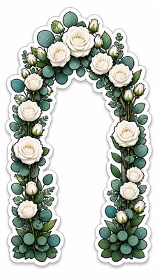 an arch of white roses and eucalyptus in soft morning light, elegant vertical composition with open space, no text