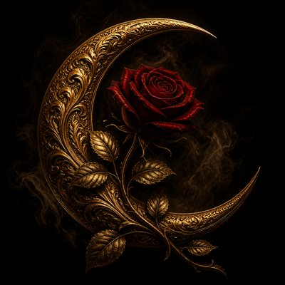 a rose entwined with a crescent moon, clean balanced composition on a plain background, no text