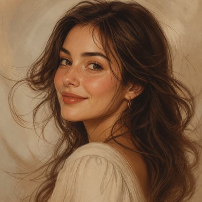 head-and-shoulders portrait of an original character: a young woman with wavy chestnut hair and a warm smile, plain soft backdrop