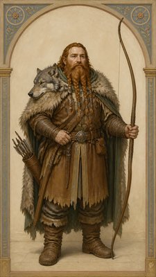 full-body original character: a dwarven ranger with a braided auburn beard, worn leather armor, a longbow and a wolf-pelt cloak, neutral background, no text