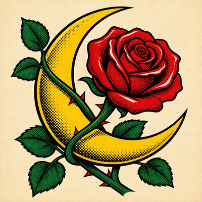a rose entwined with a crescent moon, clean balanced composition on a plain background, no text