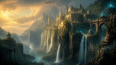 a cliffside city with waterfalls cascading into a misty canyon, wide establishing shot, no people, no text