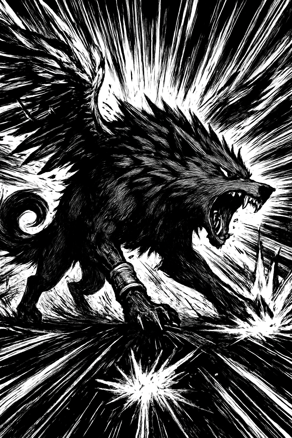 a black and white drawing of a demon