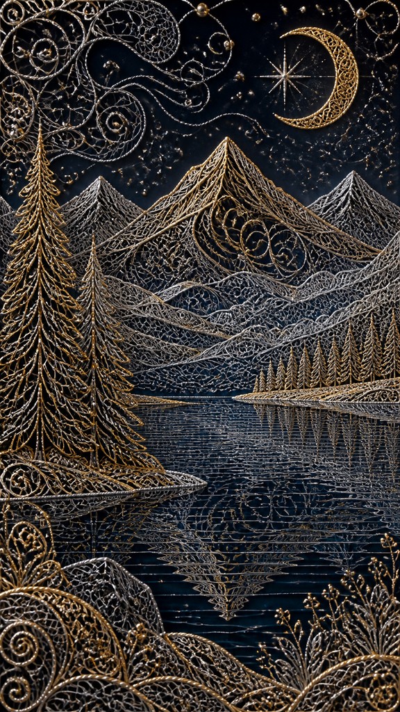 a tranquil mountain lake beneath a starry night sky, no people, no text