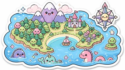 a map of an island realm with mountains, forests, a sheltered bay, sea monsters in the water and a compass rose, no text labels