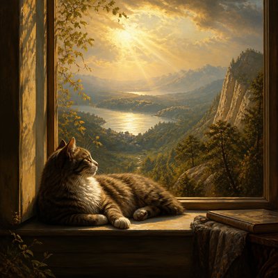 a cat lounging in a sunlit window