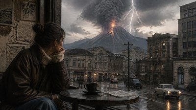an erupting volcano with lightning strikes, dramatic wide composition, no text