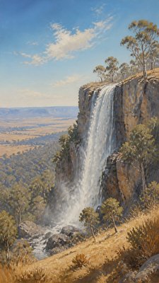 towering waterfall cascading down a cliff