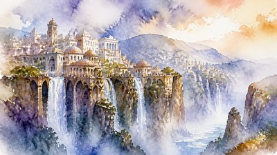 a cliffside city with waterfalls cascading into a misty canyon, wide establishing shot, no people, no text