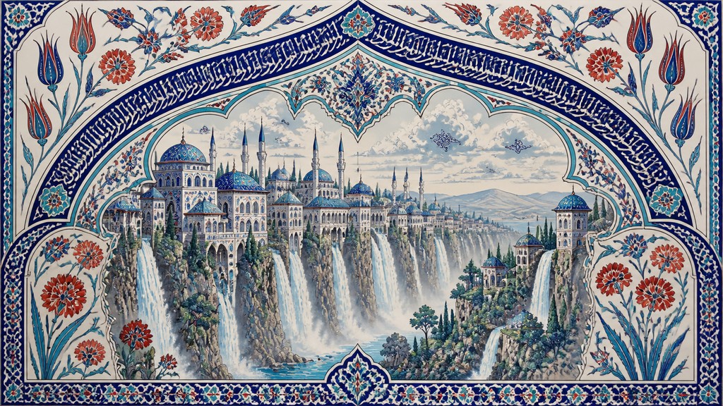 a cliffside city with waterfalls cascading into a misty canyon, wide establishing shot, no people, no text