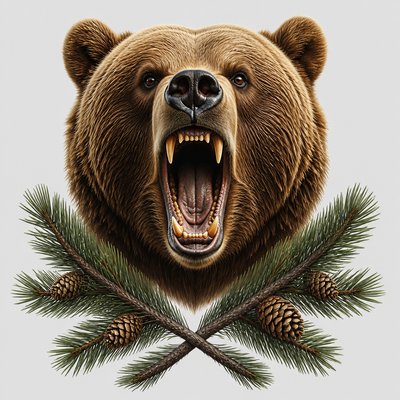 a roaring bear head above crossed pine branches, bold graphic composition on a plain background, no text