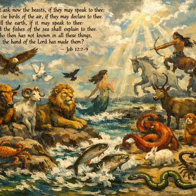 “But ask now the beasts, if they may speak to thee; and the birds of the air, if they may declare to thee. Tell the earth, if it may speak to thee: and the fishes of the sea shall explain to thee. Who then has not known in all these things, that the hand of the Lord has made them?” (Job 12:7-9, Brenton) include in this picture the animals of the zodiac 
