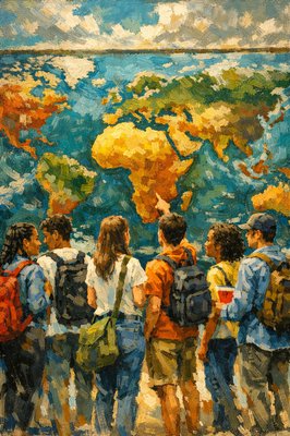 A group of 7 students (male and female) some wearing backpacks, others carrying books, stand together with their backs toward the camera looking at a wall-sized Afro-centric map of the world.  One student is pointing out something in africa.  Two students are talking to each other.