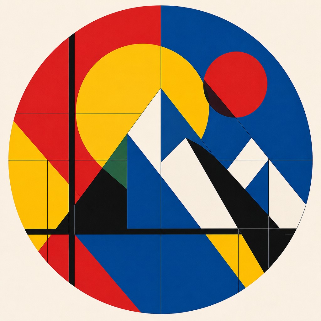 an emblem of a mountain peak inside a circle, simple bold shapes on a plain background, no text or lettering