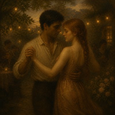 an original couple dancing under string lights in a garden at dusk: a man with short black hair in a linen shirt and a woman with braided red hair in a summer dress