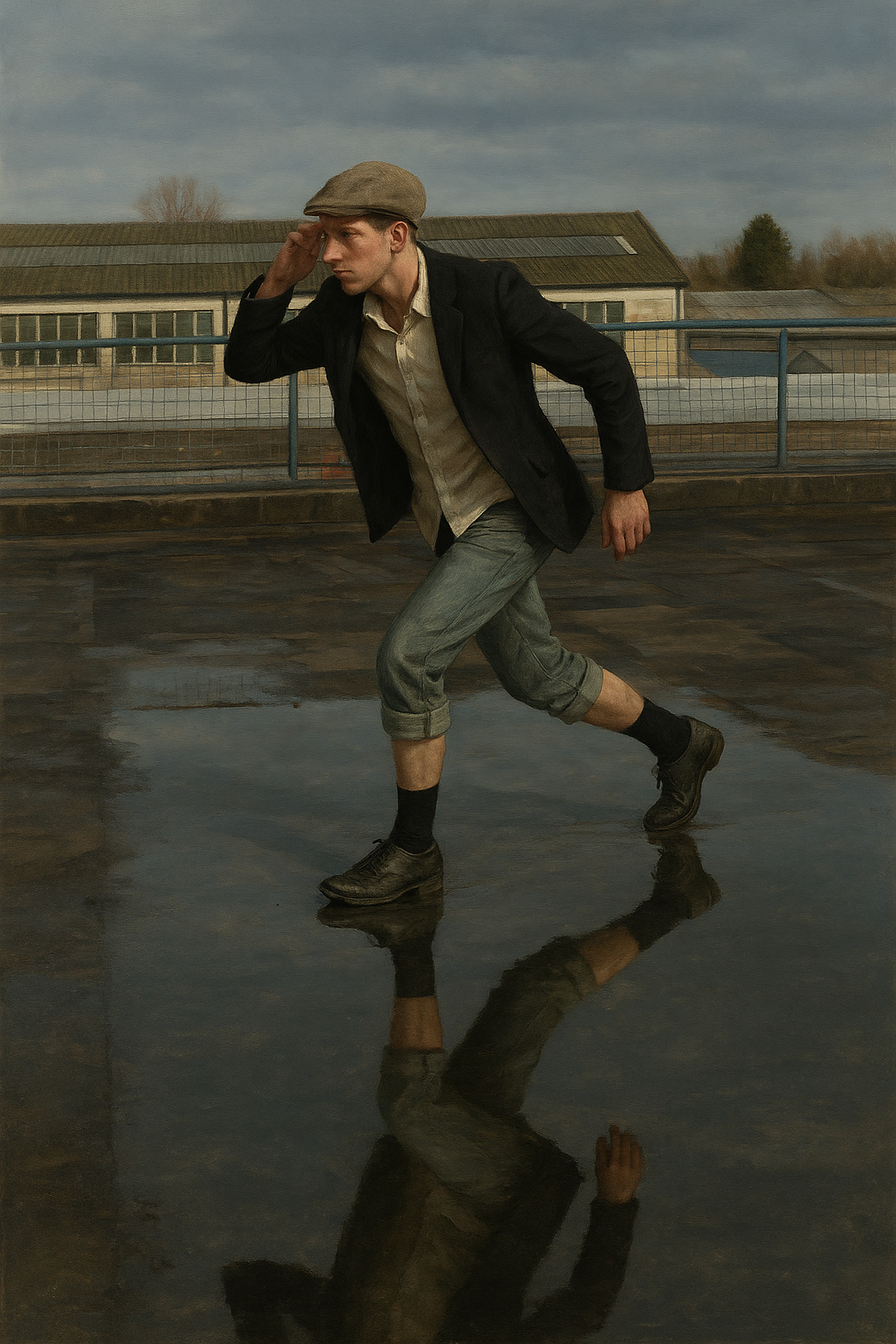 a man is walking in the rain with his reflection in the water