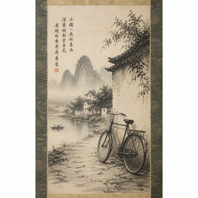 bicyle resting against a wall — Scroll Painting Style
