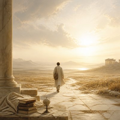 a solitary figure walking toward a glowing horizon across an empty plain, moody atmosphere, no text or lettering