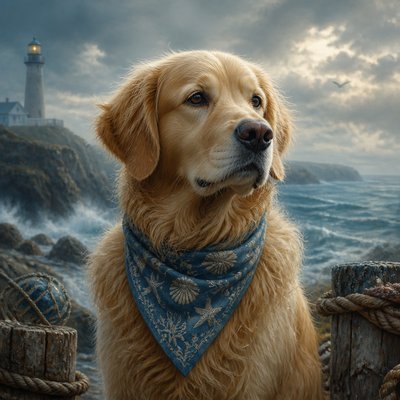portrait of a golden retriever wearing a blue bandana, warm plain backdrop, no text
