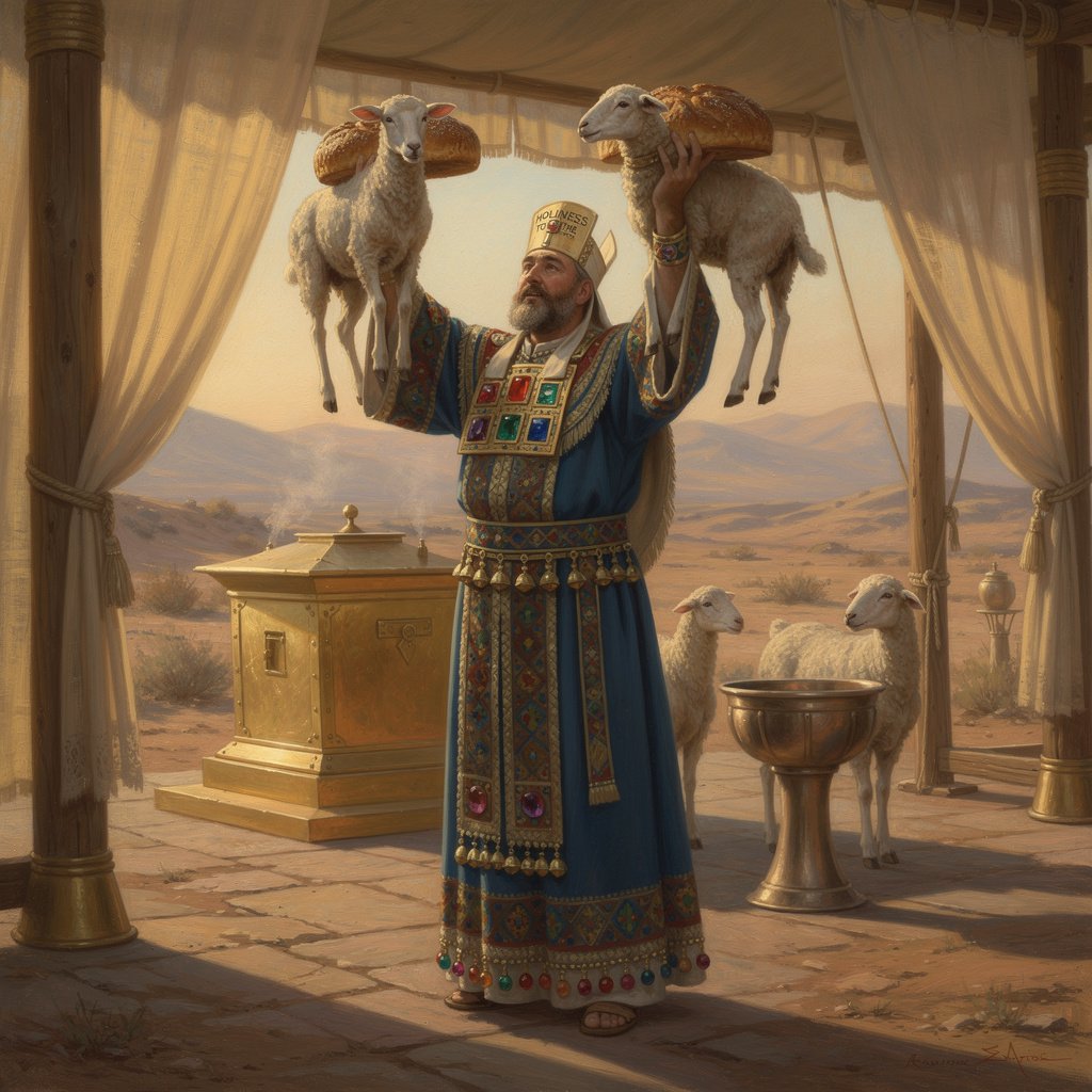 A hyper-detailed, photorealistic depiction of the High Priest of Israel performing the Feast of Weeks (Pentecost) wave offering. The High Priest is dressed in the complete set of holy vestments: a blue robe with golden bells and pomegranates on the hem, a colorful ephod, and a breastplate with twelve jewels. A golden plate engraved 'HOLINESS TO THE LORD' is tied to his linen mitre. He stands in the Tabernacle courtyard, facing the altar, holding the two leavened loaves of firstfruits and two male lambs high, performing the sacred wave offering ritual. Golden morning light, historically accurate setting, cinematic oil painting style.