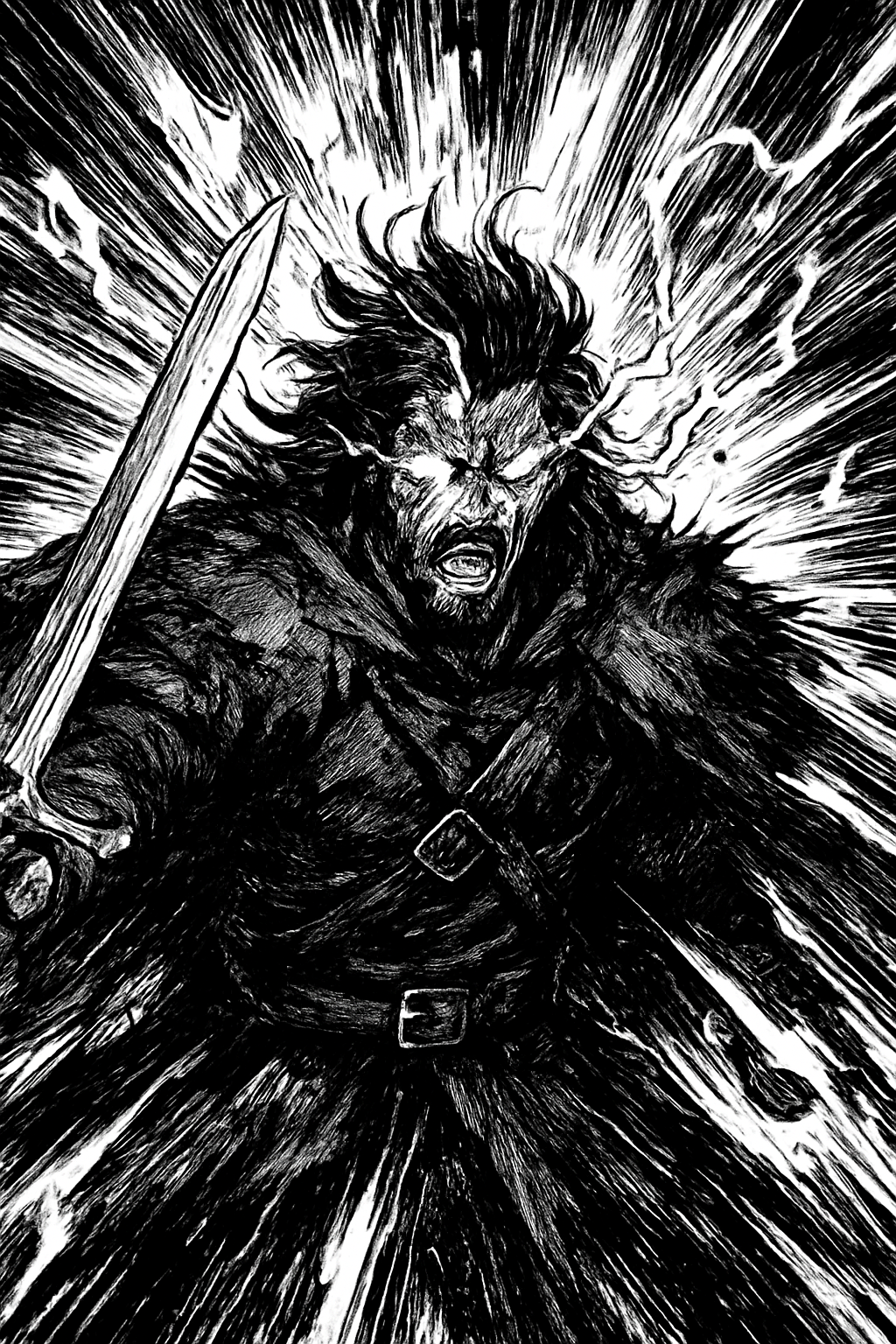 a black and white drawing of a demon holding a sword