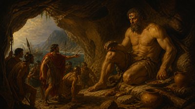 Odysseus and his men encounter the one-eyed ignudi Cyclops in his cave