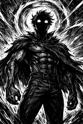 a black and white drawing of a demon