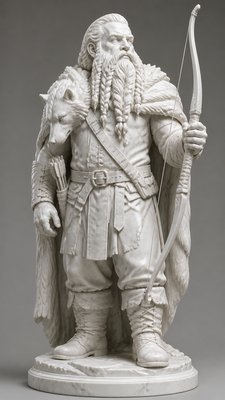 full-body original character: a dwarven ranger with a braided auburn beard, worn leather armor, a longbow and a wolf-pelt cloak, neutral background, no text