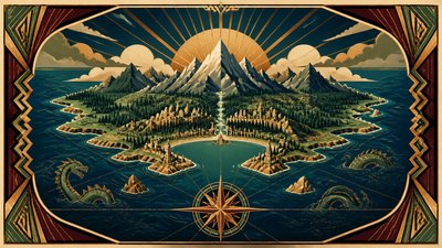 a map of an island realm with mountains, forests, a sheltered bay, sea monsters in the water and a compass rose, no text labels