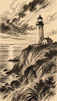 a lone lighthouse on a cliff at dusk under a dramatic sky, no text or lettering