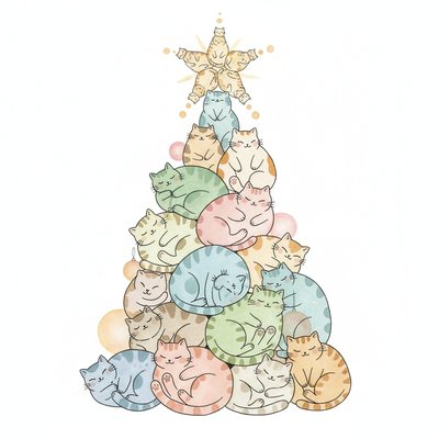  a whimsical christmas tree made of cats, with many small cats stacked on top to form the shape of an xmas star, white background, simple watercolor style, minimalism, pastel tones, simple details, hand-drawn illustration, pasted picture, simple lines, simple drawing style, white background, white space