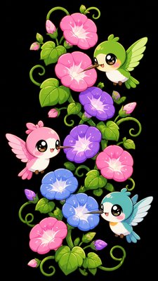 a climbing vine of flowers and hummingbirds on a dark background, tall wrapping composition, no text