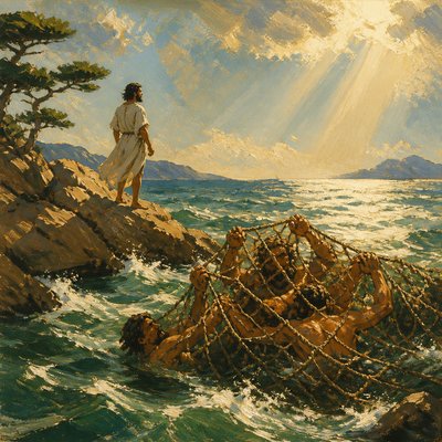 “Sinners shall fall by their own net: I am alone until I shall escape.” (Psalms 141:10, Brenton eSword)
“Let the wicked fall into their own nets, whilst that I withal escape.” (Psalms 141:10, KJV)
Combine these into one illustration without words. 