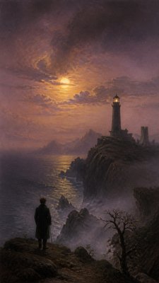 a lone lighthouse on a cliff at dusk under a dramatic sky, no text or lettering