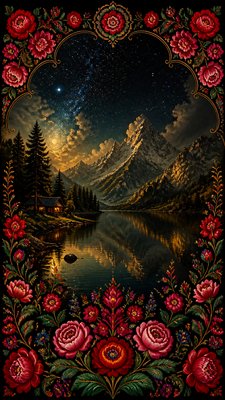 a tranquil mountain lake beneath a starry night sky, no people, no text