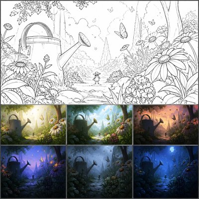 a garden scene with butterflies, flowers and a watering can, clean uncolored line art, no text