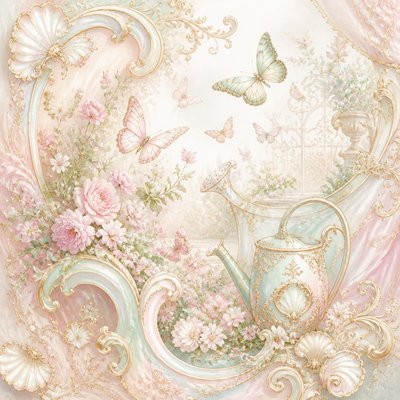 a garden scene with butterflies, flowers and a watering can, clean uncolored line art, no text