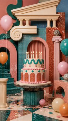 a birthday cake with lit candles surrounded by balloons and confetti, festive vertical composition, no text