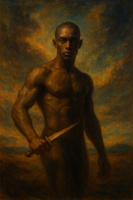 a painting of a man holding a knife