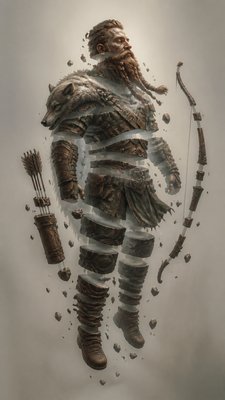 full-body original character: a dwarven ranger with a braided auburn beard, worn leather armor, a longbow and a wolf-pelt cloak, neutral background, no text