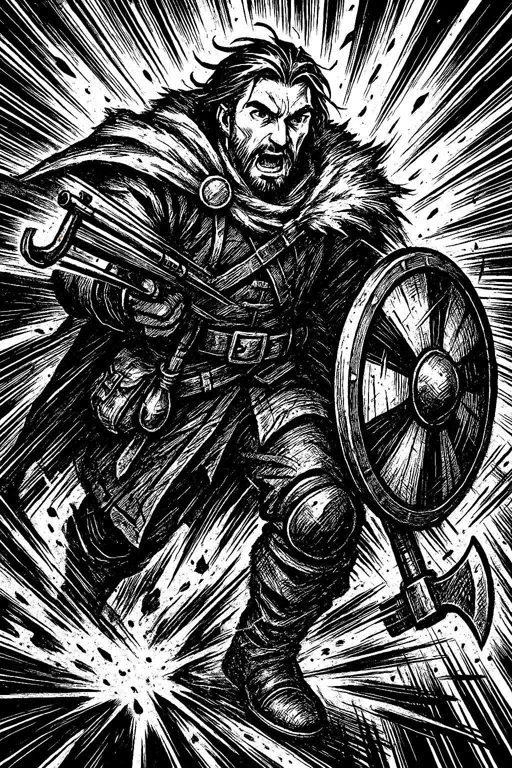 a black and white drawing of a man with a sword