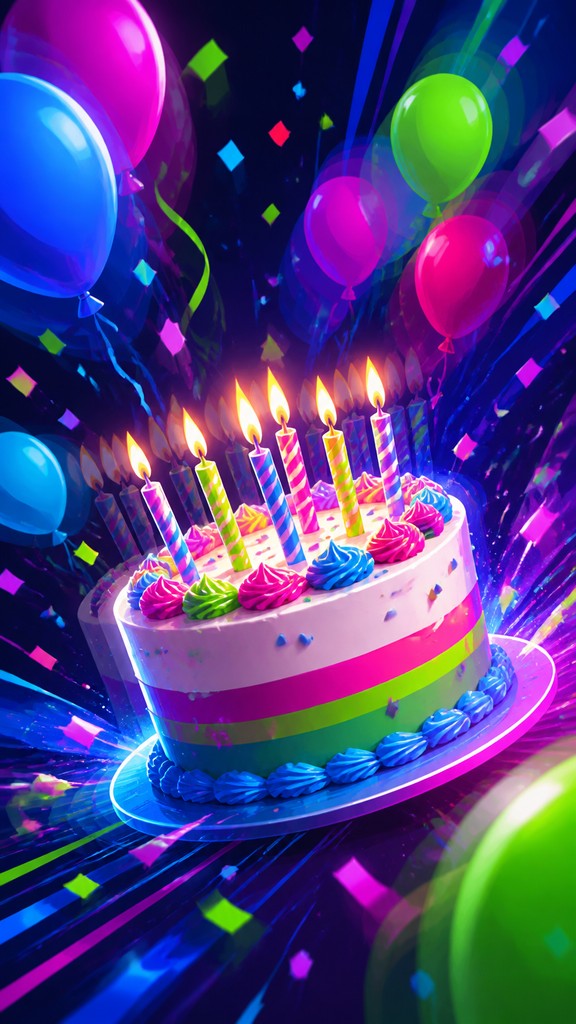 a birthday cake with lit candles surrounded by balloons and confetti, festive vertical composition, no text