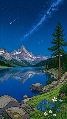 a tranquil mountain lake beneath a starry night sky, no people, no text