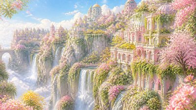 a cliffside city with waterfalls cascading into a misty canyon, wide establishing shot, no people, no text
