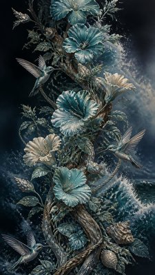 a climbing vine of flowers and hummingbirds on a dark background, tall wrapping composition, no text