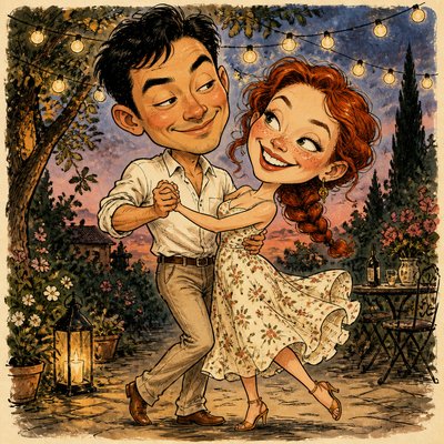 an original couple dancing under string lights in a garden at dusk: a man with short black hair in a linen shirt and a woman with braided red hair in a summer dress